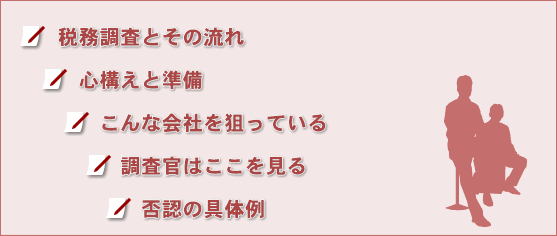 税務調査とその流れ、心構えと準備、こんな会社を狙っている、調査官はここを見る、否認の具体例